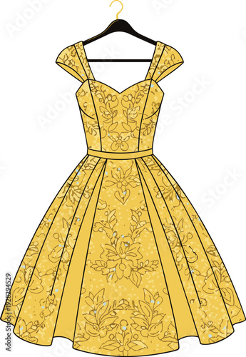 Vintage yellow floral cocktail dress vector illustration with cap sleeves sweetheart neckline and pleated skirt on hanger isolated on white background for fashion design