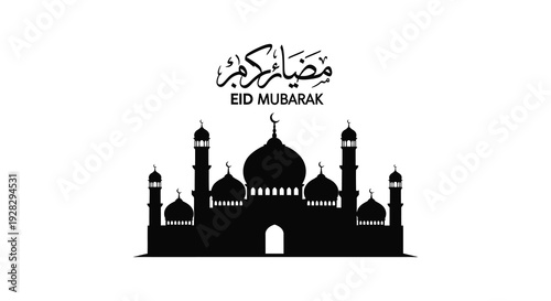 A striking black silhouette depicts a mosque and crescent moon with arabic calligraphy eid mubarak silhouette high quality