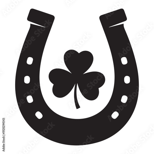 Black and white horseshoe with a shamrock inside, a simple and clean vector graphic