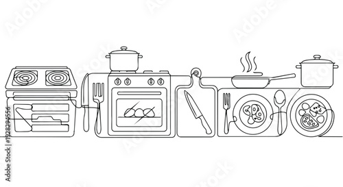 A horizontal line drawing of kitchen utensils and appliances in a continuous pattern, including an oven, stove, pots, pans, and cooking tools.
