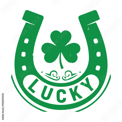 Green horseshoe with shamrock and the word 'LUCKY' in a grunge style vector illustration