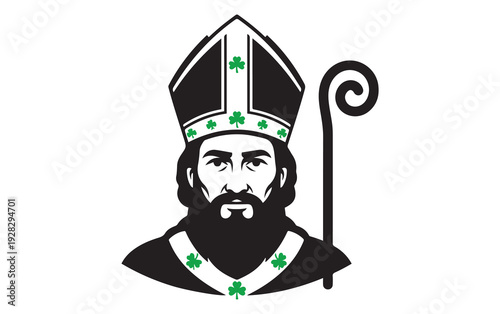 Saint Patrick with shamrocks and a bishop's staff, a symbol of Irish heritage and St. Patrick's Day celebration