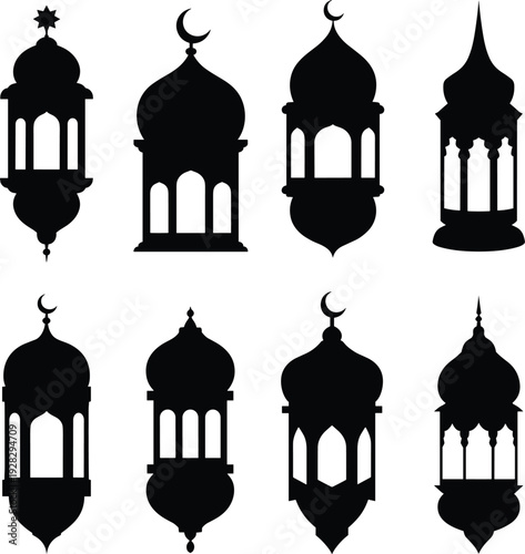 Collection of eight distinct black silhouette of traditional Islamic lanterns with crescent moon finials