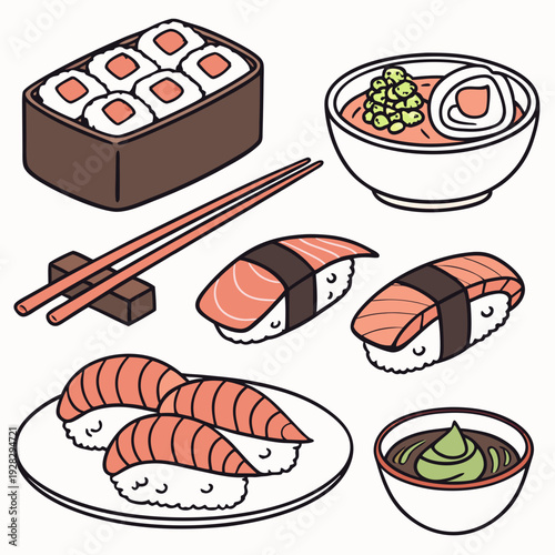 Cartoon asian cuisine rolls, sushi, sashimi dishes. Japanese oriental cuisine, seaweed, rice, fish and meat meals vector illustration set. Traditional sushi dishes