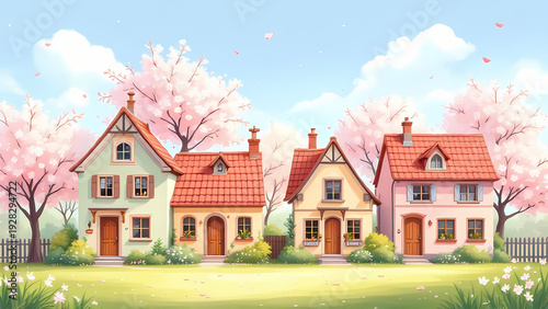 Cartoon Background Adorable cartoon houses with blooming cherry blossom trees in spring, pastel colors, sweet and whimsical village setting, ideal for Easter or spring themes.