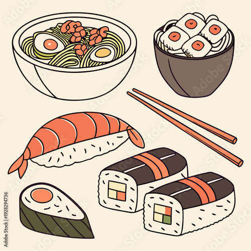 Cartoon asian cuisine rolls, sushi, sashimi dishes. Japanese oriental cuisine, seaweed, rice, fish and meat meals vector illustration set. Traditional sushi dishes
