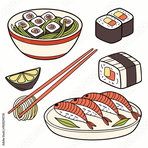 Cartoon asian cuisine rolls, sushi, sashimi dishes. Japanese oriental cuisine, seaweed, rice, fish and meat meals vector illustration set. Traditional sushi dishes