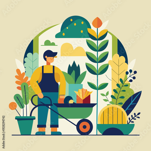 A gardener tends to vibrant plants and fresh produce within a circular stylized landscape high quality