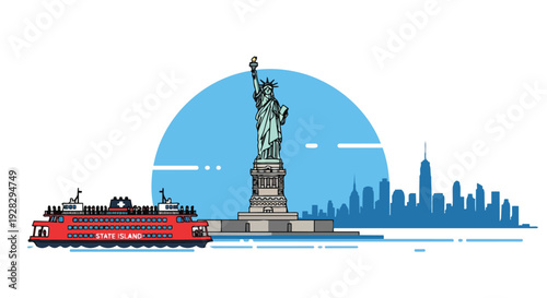 Flat 2D illustration of the Statue of Liberty with a city skyline and a red touristic ferry boat in front of a blue half-circle, representing famous travel landmarks.