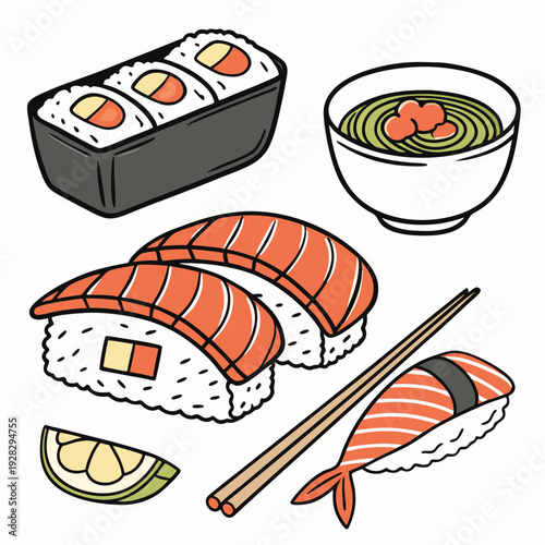 Cartoon asian cuisine rolls, sushi, sashimi dishes. Japanese oriental cuisine, seaweed, rice, fish and meat meals vector illustration set. Traditional sushi dishes