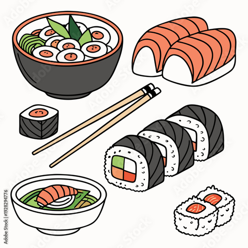 Cartoon asian cuisine rolls, sushi, sashimi dishes. Japanese oriental cuisine, seaweed, rice, fish and meat meals vector illustration set. Traditional sushi dishes