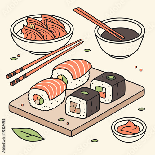 Cartoon asian cuisine rolls, sushi, sashimi dishes. Japanese oriental cuisine, seaweed, rice, fish and meat meals vector illustration set. Traditional sushi dishes