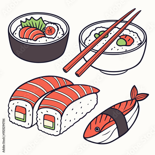 Cartoon asian cuisine rolls, sushi, sashimi dishes. Japanese oriental cuisine, seaweed, rice, fish and meat meals vector illustration set. Traditional sushi dishes
