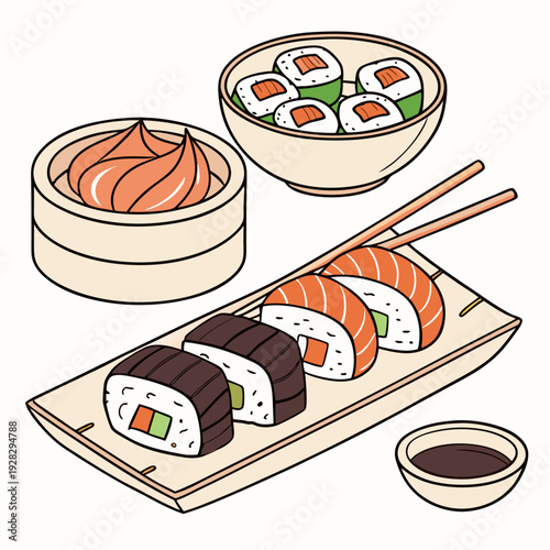 Cartoon asian cuisine rolls, sushi, sashimi dishes. Japanese oriental cuisine, seaweed, rice, fish and meat meals vector illustration set. Traditional sushi dishes