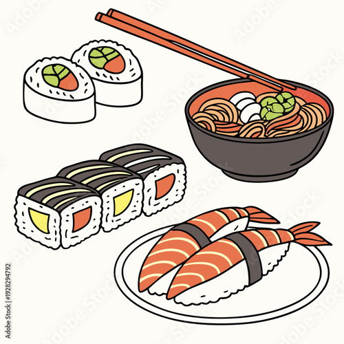 Cartoon asian cuisine rolls, sushi, sashimi dishes. Japanese oriental cuisine, seaweed, rice, fish and meat meals vector illustration set. Traditional sushi dishes