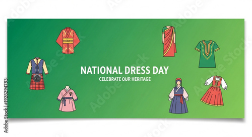 National dress day celebration with traditional clothing from around the world on green background