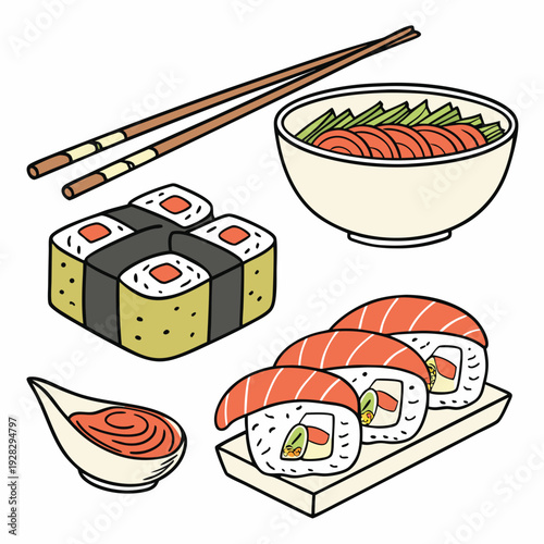 Cartoon asian cuisine rolls, sushi, sashimi dishes. Japanese oriental cuisine, seaweed, rice, fish and meat meals vector illustration set. Traditional sushi dishes