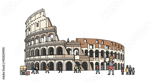 Flat 2D illustration of the Colosseum in Rome with people walking around, a famous travel landmark in a vector style.