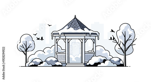A serene snowy scene featuring a traditional Asian-style gazebo in a city park, rendered in a flat 2D vector illustration style with bare trees and bushes under a light blue sky.