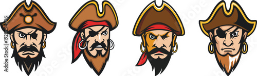 Pirate Mascot Logo Vector – Fierce Pirate Head Illustration with Bandana and Eye Patch .