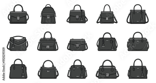 Assortment of Black Leather Handbags with Top Handles and Clasps Isolated on White Background