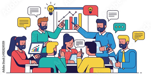 Vector illustration of a group of people working on a business project with a rising data graph. For business banner needs.
