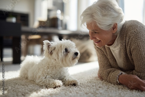 An elderly woman enjoys a heartfelt moment with her adorable dog in a cozy living room filled with natural light and comfort. Generative AI