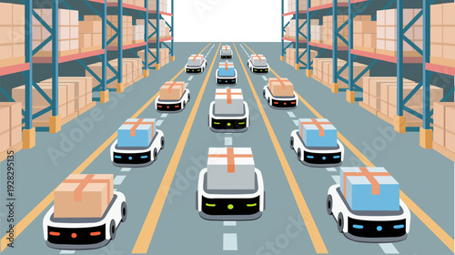 Vector illustration of Autonomous mobile robots transporting packages through warehouse aisles, illustrating modern logistics automation and intelligent material handling systems.