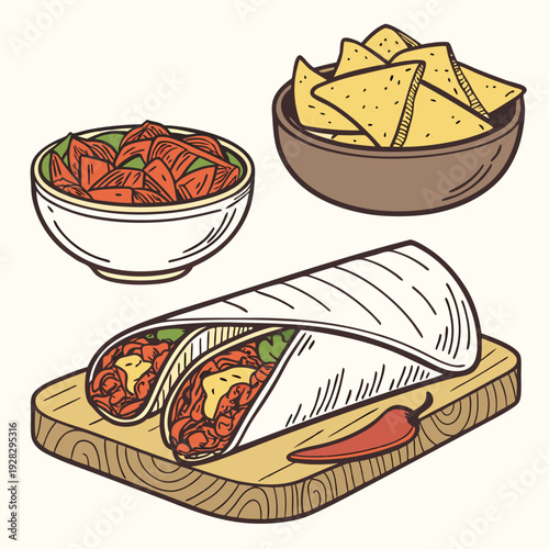 Mexican traditional food set burrito, tacos, chili, tomato, nachos. Engraving