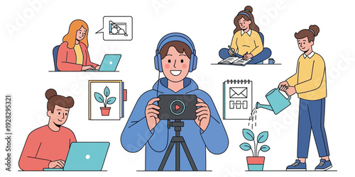 Vector illustration of a group of people working as content creators for business banner needs