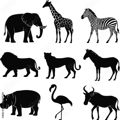 Black African Safari Wildlife Animal Silhouettes Set Including Elephant Giraffe Zebra Lion Cheetah Hippo Flamingo And Wildebeest Icons Isolated On White Background For Vector Design