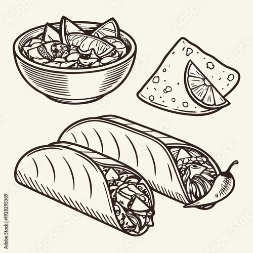 Mexican traditional food set burrito, tacos, chili, tomato, nachos. Engraving