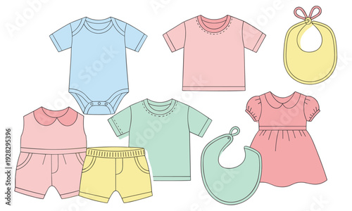 Baby Clothes Flat Lay: Bodysuit T-shirts Dress Shorts and Bibs Isolated on white background