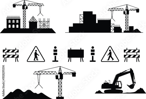 Black and white construction site silhouette set featuring cranes, excavators, building projects, road safety signs, and heavy machinery icons for industrial design projects.