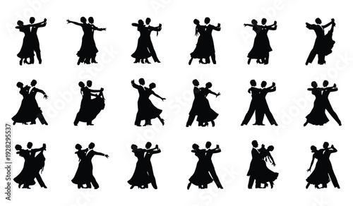 Ballroom Dancers Silhouettes Performing Various Poses for Dance Events Isolated on white background