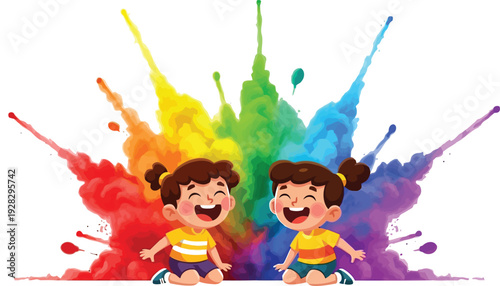 Two happy children laughing together surrounded by colorful powder explosion in a vibrant scene