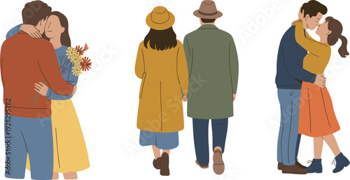 Couples in romantic embraces and walking hand-in-hand, depicted in a charming flat style with autumnal hues