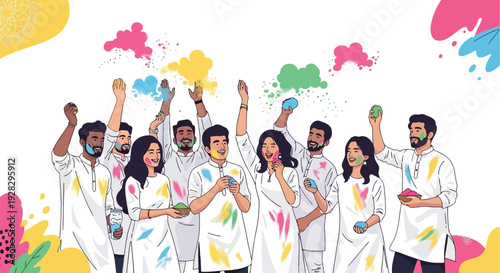 A group of people celebrating a colorful festival together, covered in vibrant paint splatters, standing together in a joyful scene.