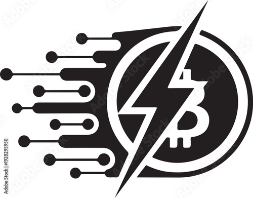 Bitcoin logo with lightning bolt and circuit board design isolated on transparent background