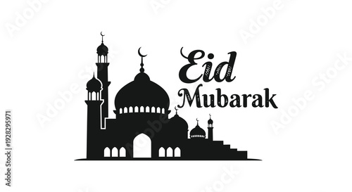 A festive eid mubarak greeting featuring a mosque and crescent moon in black silhouette high quality professional detailed
