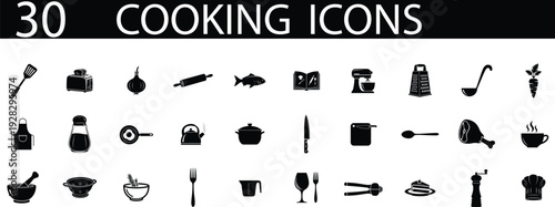 Collection of 30 black and white cooking icons