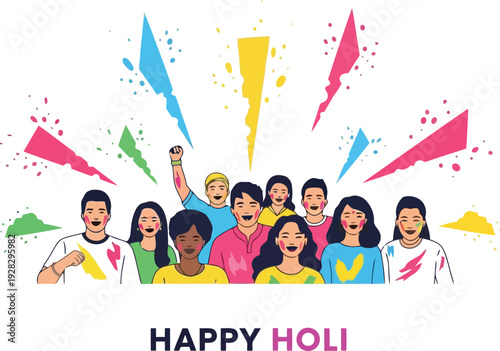 Vibrant celebration of Holi festival with diverse group of people throwing colorful powders in joyful gathering