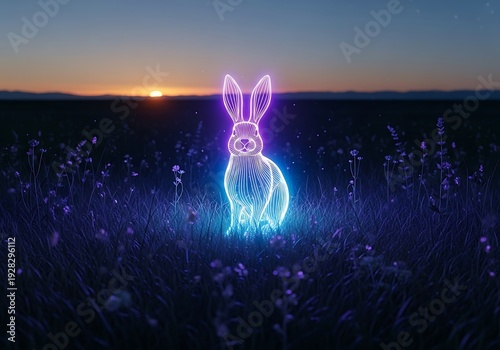 Neon rabbit glows magically in a serene meadow at dusk illustration