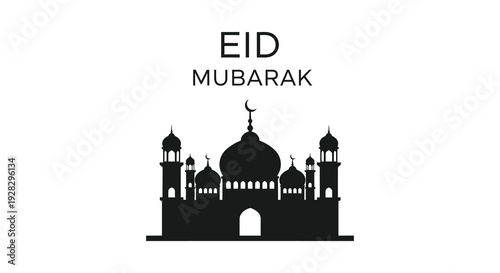 A festive eid mubarak greeting featuring a mosque with crescent moon presented in silhouette high quality professional detailed