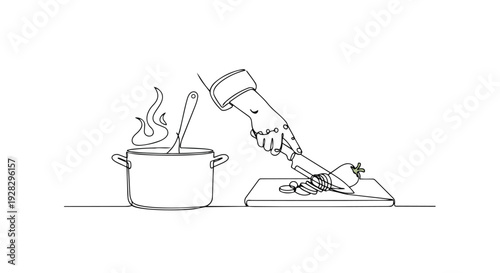 A continuous line drawing of a hand holding a spice bottle pouring over a pot of food on a horizontal cooking surface with a pattern of steam rising.