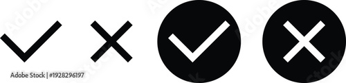 A collection of checkmark and cross icons, some isolated and some within black circles, representing choices or status.