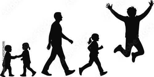 Family life cycle silhouettes set, baby child teenager adult progression isolated on white background black vector illustration