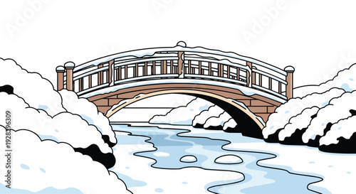 Flat 2D illustration of a snowy bridge over a frozen river in a city park with a serene winter landscape.