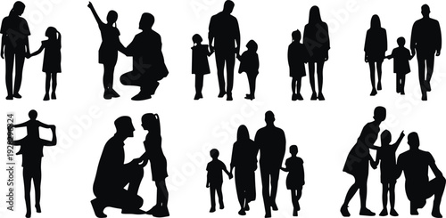 Family silhouettes collection, parents and children walking holding hands, happy parenting lifestyle isolated black vector illustration set