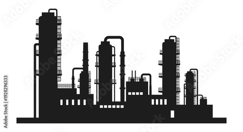 A stark black silhouette of an industrial complex featuring refinery towers and processing structures silhouette high quality professional